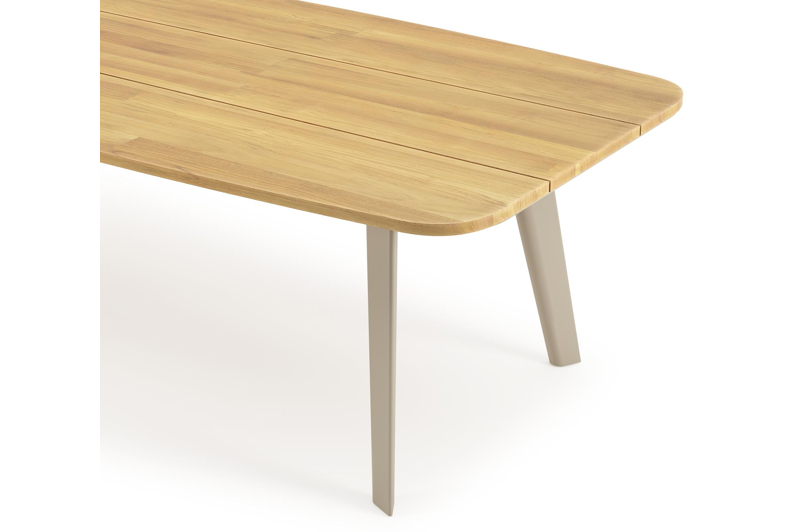 Table de jardin Lacirma forme de bateau en aluminium beige et teck Lg. 315 x Lrg. 115 x Haut. 73 cm
