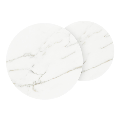 Set van 2 Fano loungetafels in wit aluminium met volkeramiek Calacatta - tafel 1: dia 50 x H 50, tafel 2: dia 40 x H 45 cm