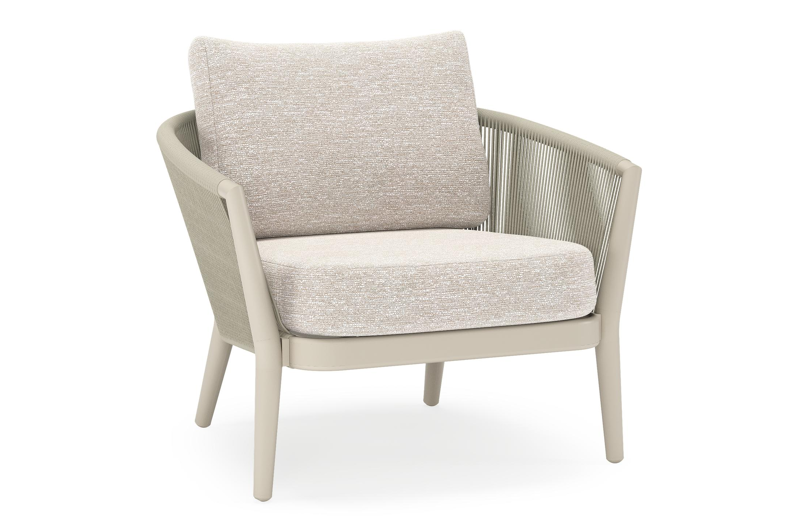 Orso loungestoel in beige aluminium en beige verticaal geweven ronde rope met Tundra Sand all weather sunbrella® luxe kussen