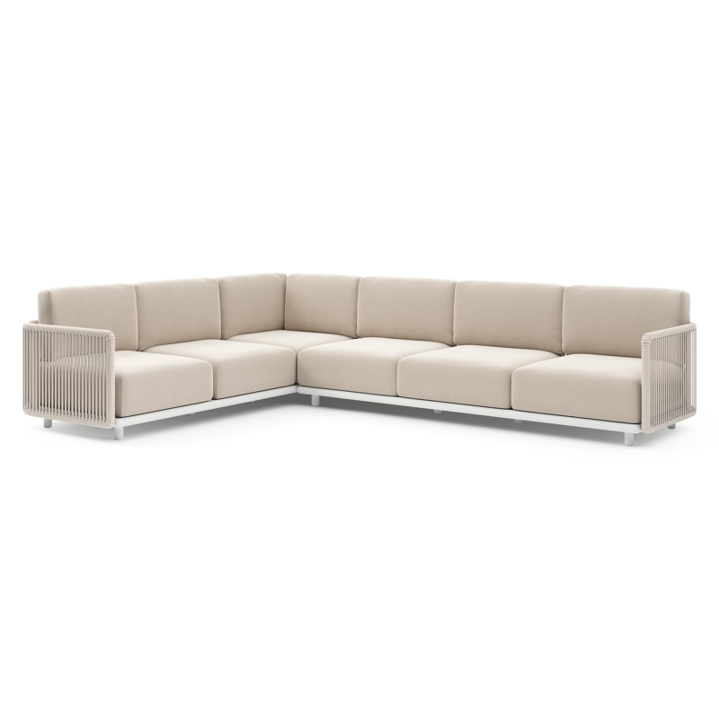 Organo loungehoek in wit aluminium en beige verticaal geweven luxe vlakke rope met lopi antique all weather Sunbrella® luxe kussen