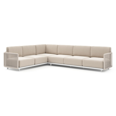 Organo loungehoek in wit aluminium en beige verticaal geweven luxe vlakke rope met lopi antique all weather Sunbrella® luxe kussen