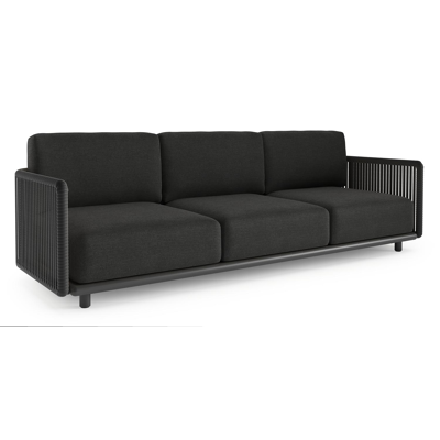 Organo loungebank 3-zit in zwart aluminium en zwart verticaal geweven luxe vlakke rope met chartres sooty all weather sunbrella® luxe kussen