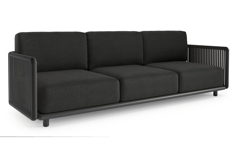 Organo loungebank 3-zit in zwart aluminium en zwart verticaal geweven luxe vlakke rope met chartres sooty all weather sunbrella® luxe kussen