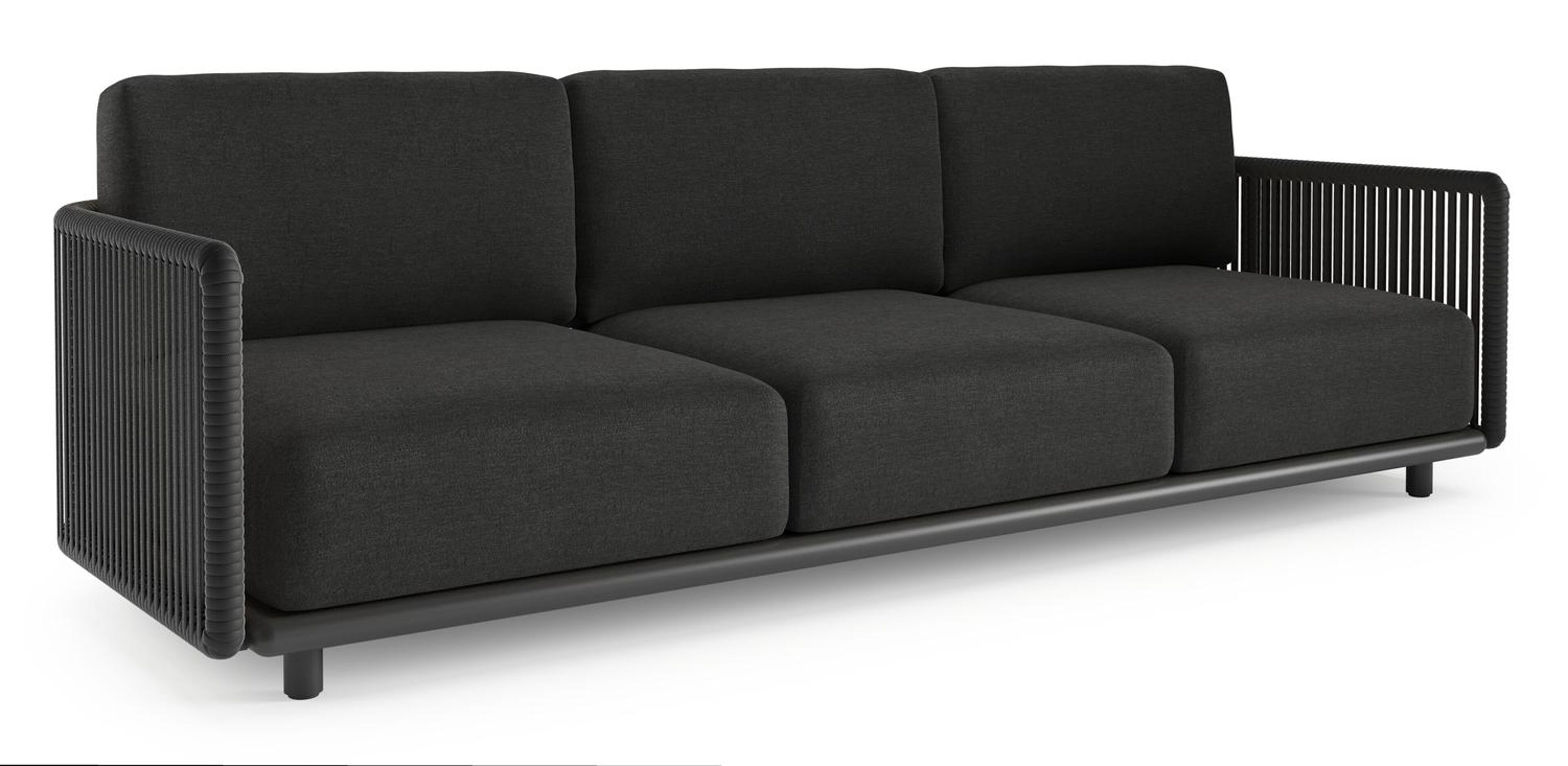 Organo loungebank 3-zit in zwart aluminium en zwart verticaal geweven luxe vlakke rope met chartres sooty all weather sunbrella® luxe kussen