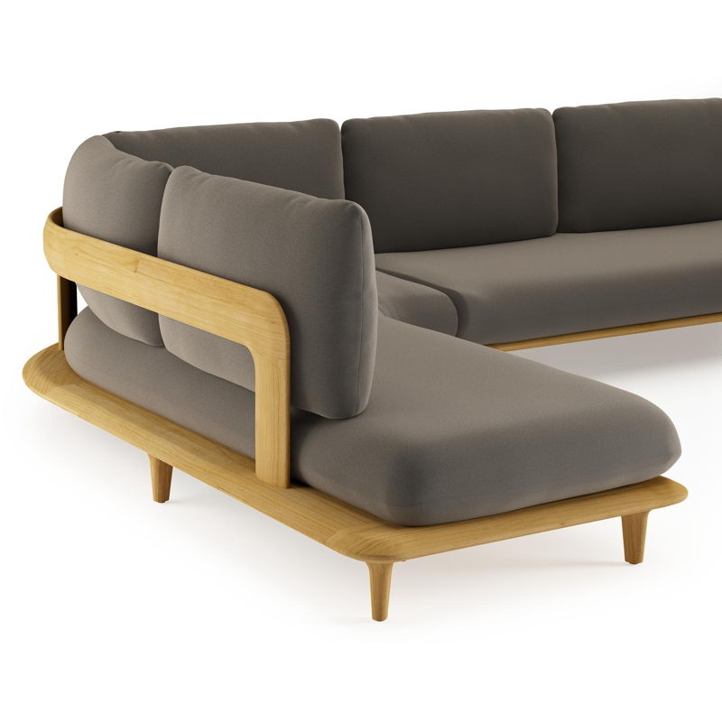 Salon de jardin d'angle Bomero en teck et coussins en all weather sunbrella® luxe natte carbon beige