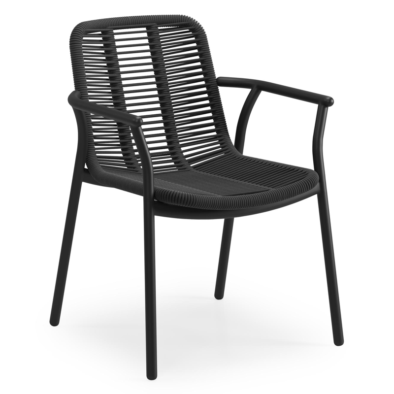 Chaise de jardin Berga en aluminium noir et corde tissée verticalement beige