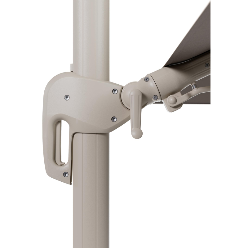 Rufina zweefparasol met tiltfunctie in beige aluminium en Natte Heather Grey All Weather Sunbrella® Luxe parasoldoek - L1 400 x L2 300 cm met parasolvoet Minore 150 kg met wielen