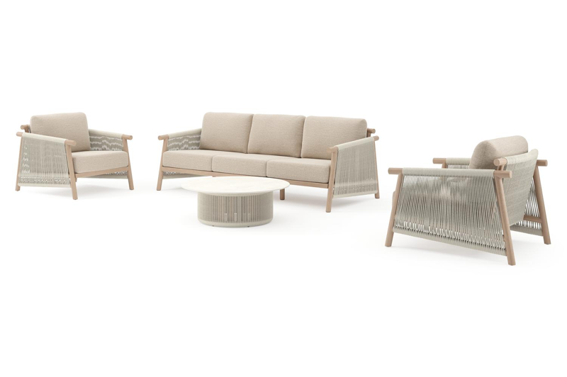 Erla loungeset in naturel houtlook met rustic weather+ softtouch kussens en loungetafel