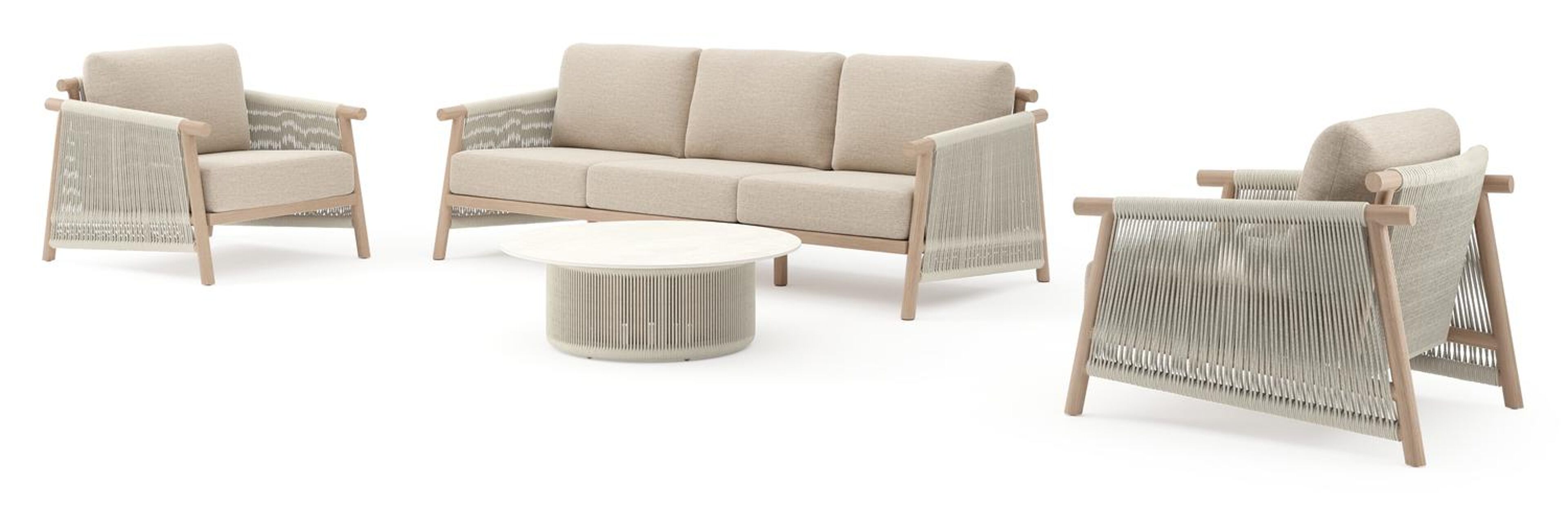 Salon de jardin Erla en corde ronde tissée verticalement beige et coussins en weather+ softtouch rustic et table basse