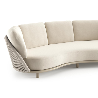 Lupino loungeset in beige aluminium en beige verticaal geweven luxe vlakke brede rope met althea off white all weather cosytica kussen