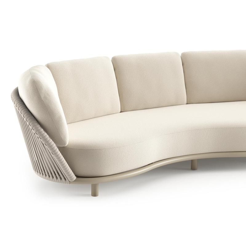 Lupino loungeset in beige aluminium en beige verticaal geweven luxe vlakke brede rope met althea off white all weather cosytica kussen