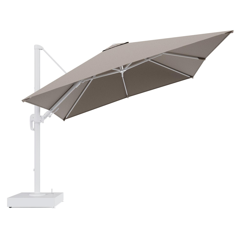 Rufina zweefparasol met tiltfunctie in wit aluminium en Firenze Earth All Weather Solica parasoldoek - L1 300 x L2 300 cm met parasolvoet Minore 150 kg met wielen