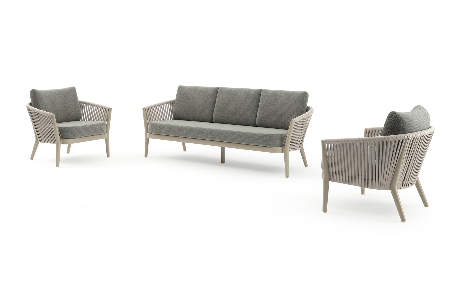 Salon de jardin Orso en aluminium beige en corde luxe plate tissée verticalement beige et coussins en all weather sunbrella® luxe Slow Fern