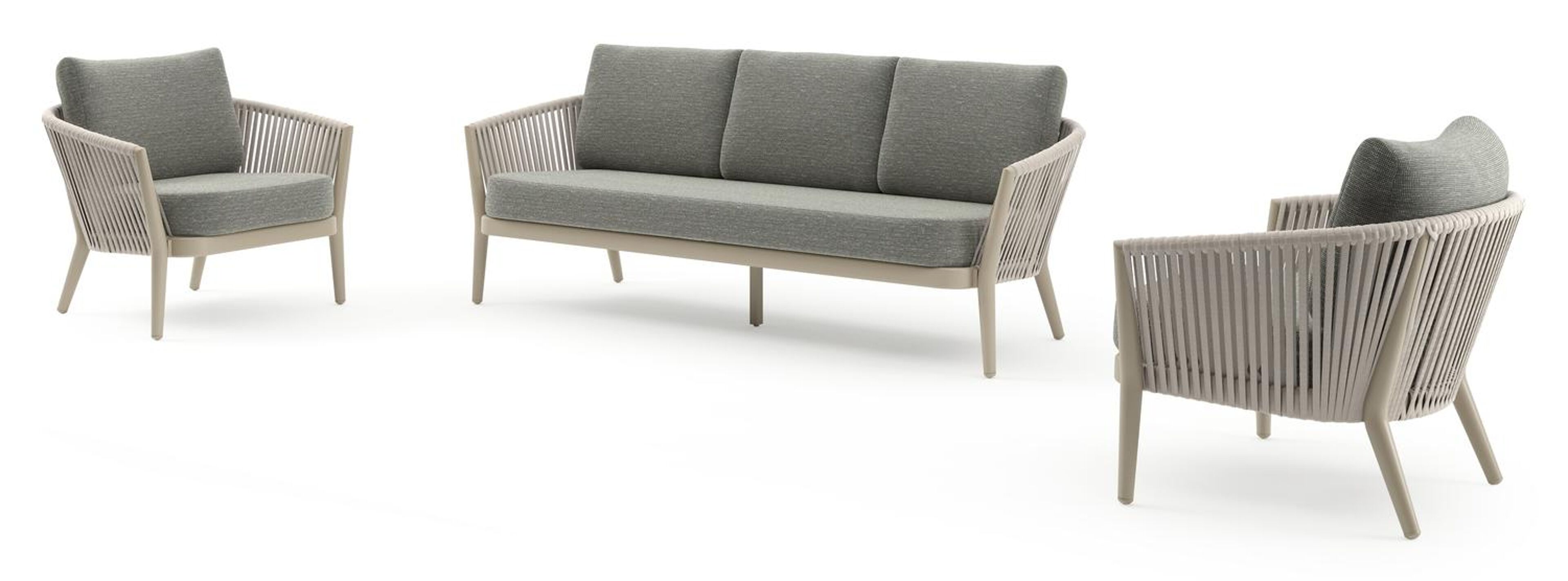 Salon de jardin Orso en aluminium beige en corde luxe plate tissée verticalement beige et coussins en all weather sunbrella® luxe Slow Fern