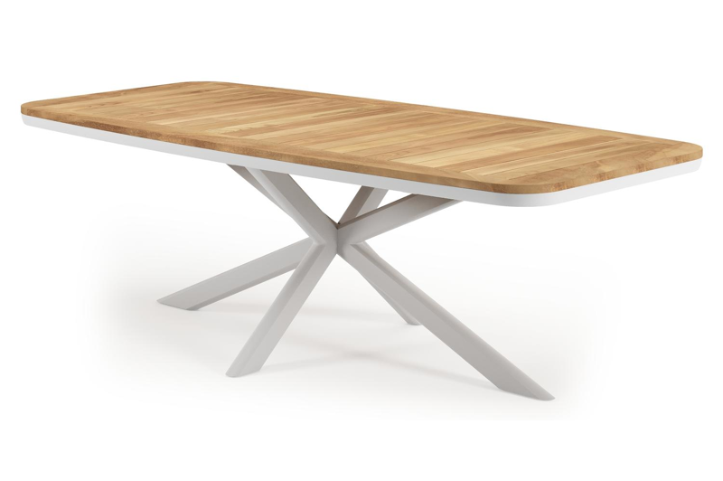 Pamplona bootvormige tuinset in wit aluminium en teak natural finish met 6 Matera tuinstoelen