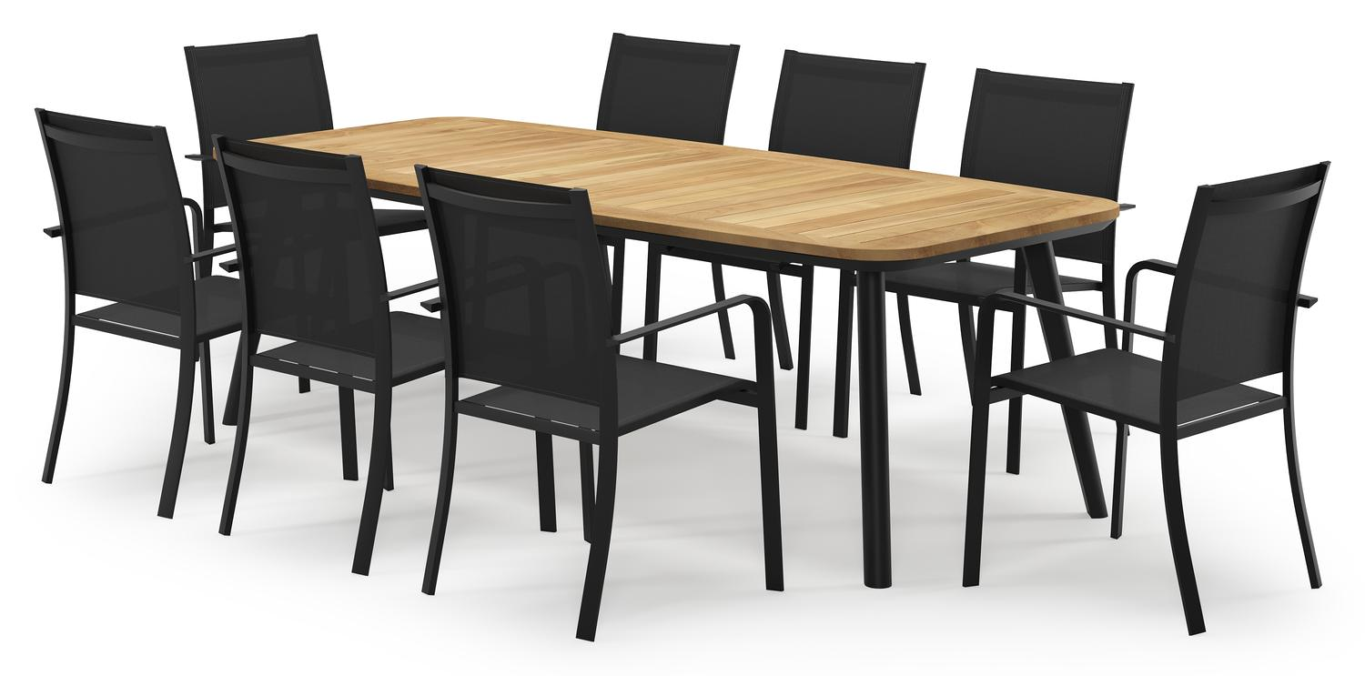 Mosa bootvormige tuinset in zwart aluminium en teak natural finish met 8 Calobra tuinstoelen