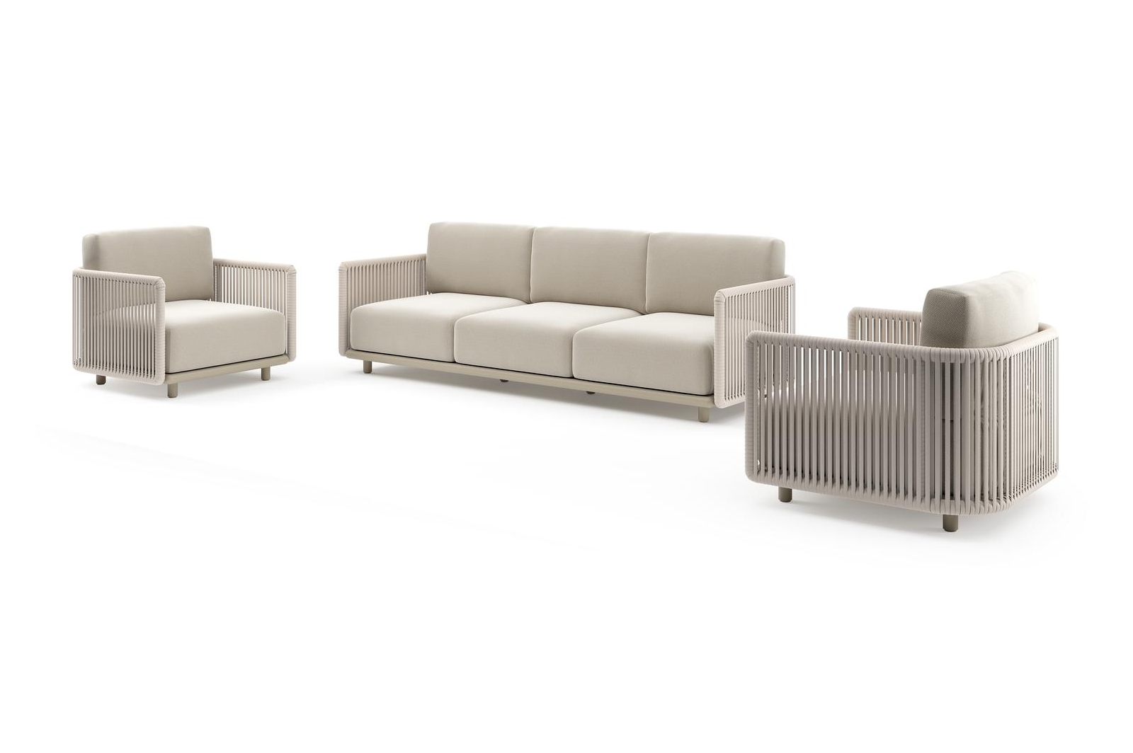 Salon de jardin Organo en aluminium beige et corde luxe plate tissée verticalement beige et coussin en all weather Sunbrella® luxe lopi marble