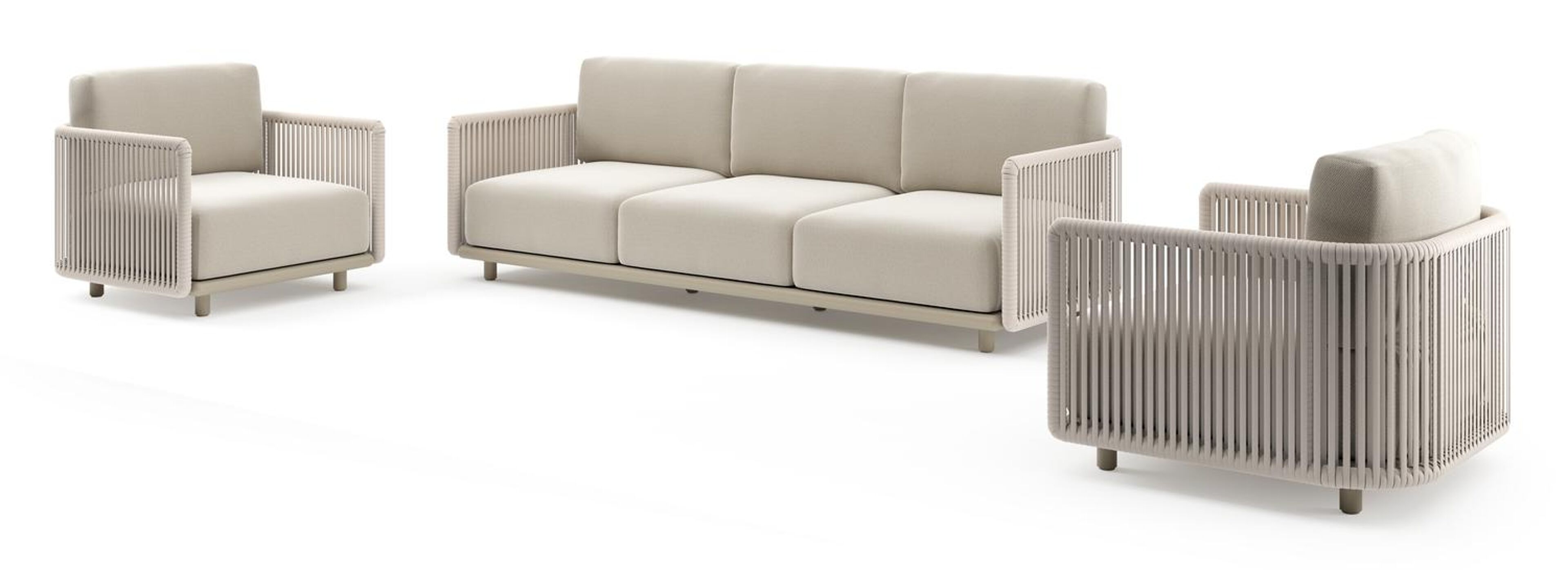 Salon de jardin Organo en aluminium beige et corde luxe plate tissée verticalement beige et coussin en all weather Sunbrella® luxe lopi marble