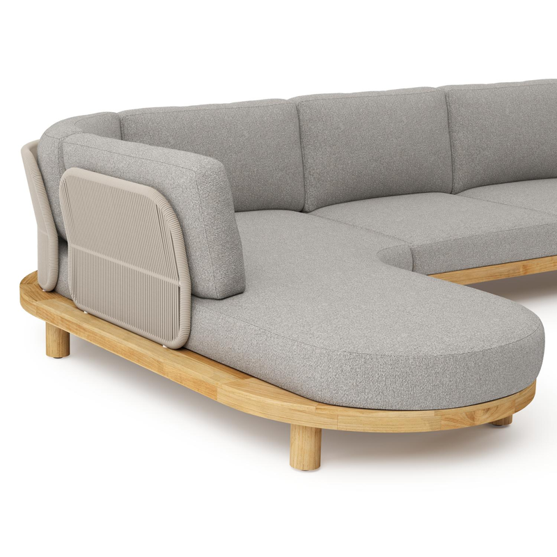 Salon de jardin d'angle Donato en teck et corde ronde tissée verticalement beige et coussins en all weather sunbrella® luxe Tundra Charcoal