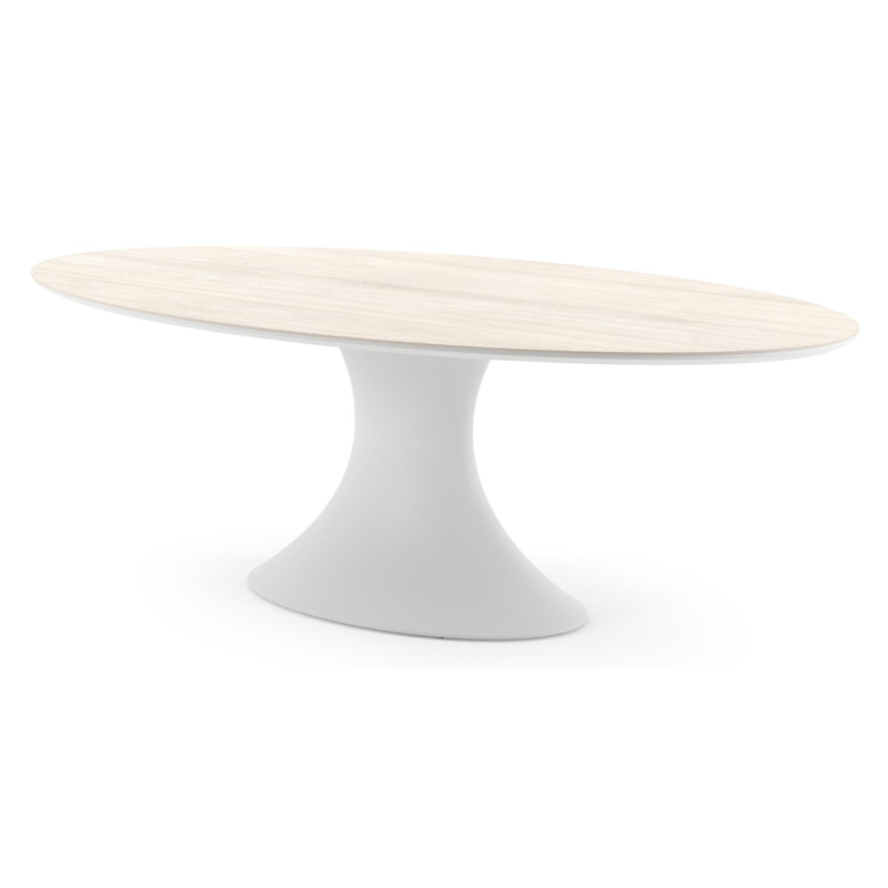 Table de jardin Fano ovale en aluminium blanc et céramique pleine Travertino Bianco - Lg. 238 x Lrg. 135 x Haut. 75 cm