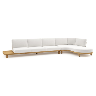 Donato loungehoek in teak en beige verticaal geweven ronde rope met all weather solica Soul Optik kussen