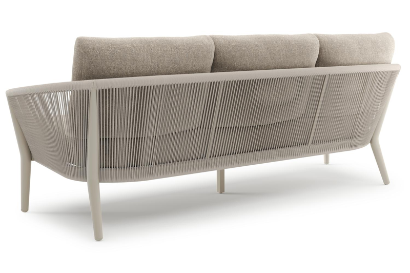 Salon de jardin Orso en aluminium beige en corde ronde tissée verticalement beige et coussins en all weather sunbrella® luxe Chartres Pewter