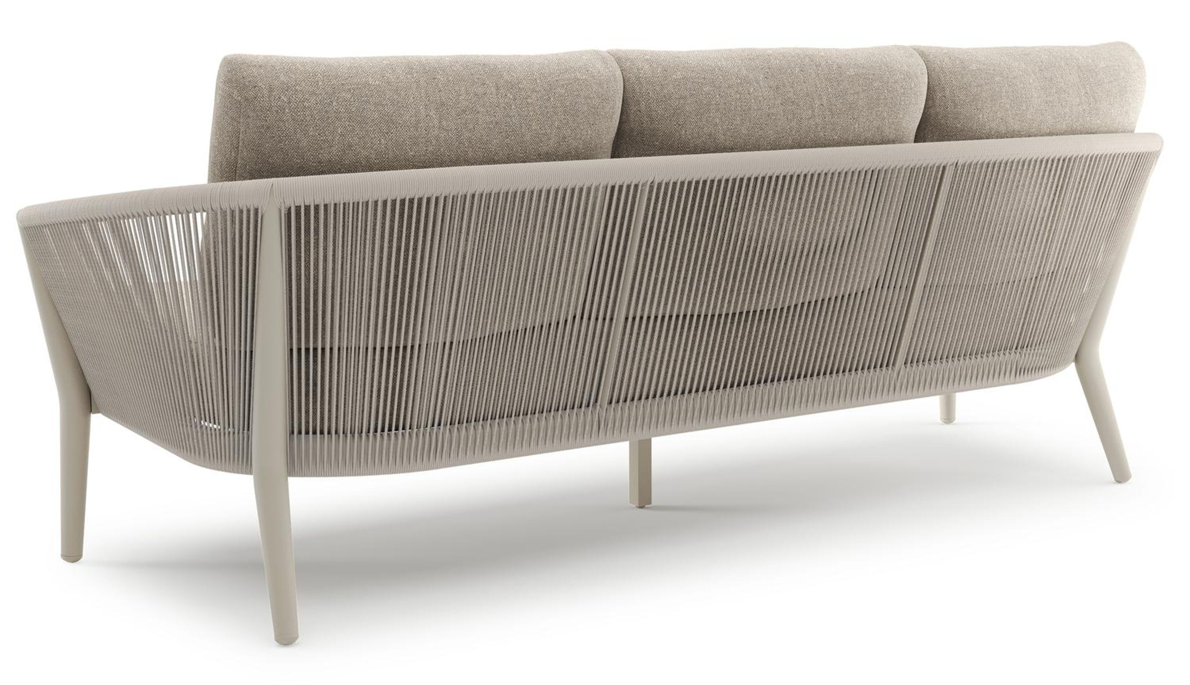 Orso loungeset in beige aluminium en beige verticaal geweven ronde rope met Chartres Pewter all weather sunbrella® luxe kussen