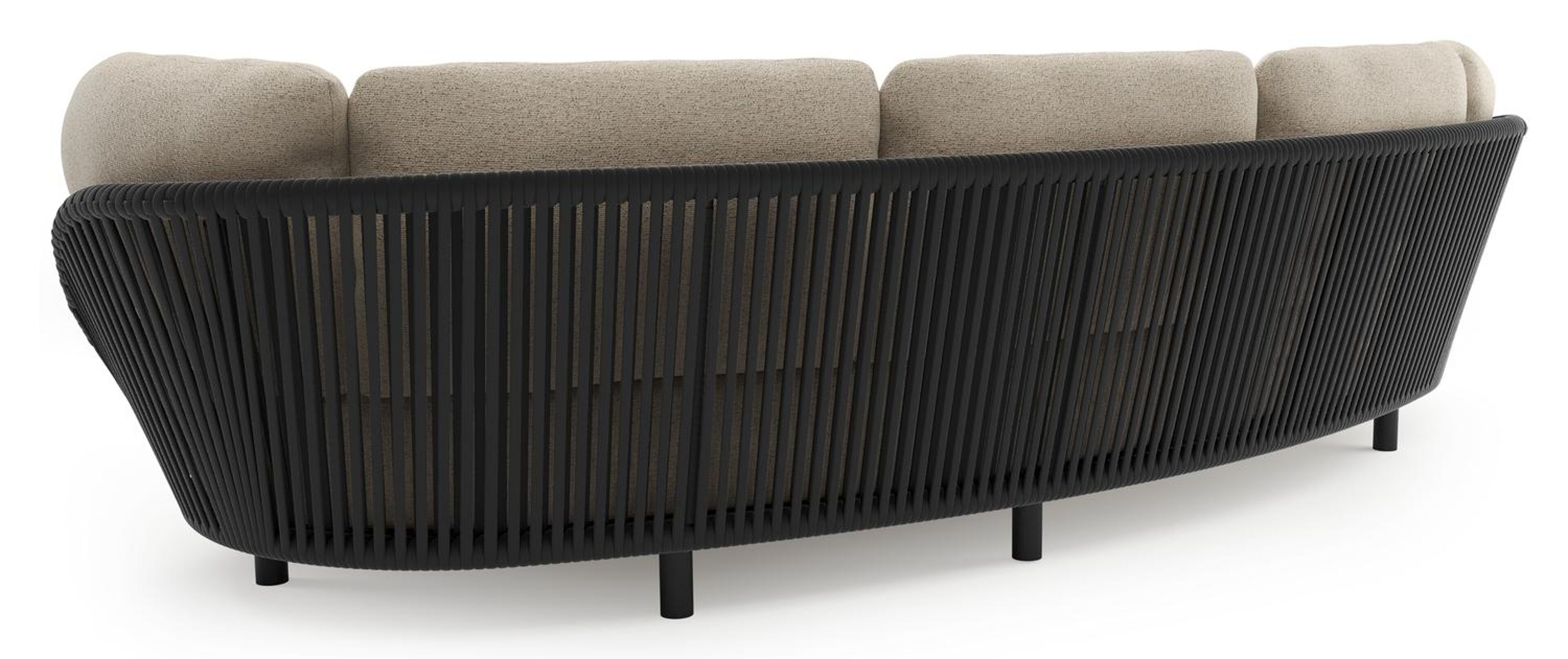 Lupino loungeset in zwart aluminium en zwart verticaal geweven luxe vlakke brede rope met marbella beige all weather cosytica kussen