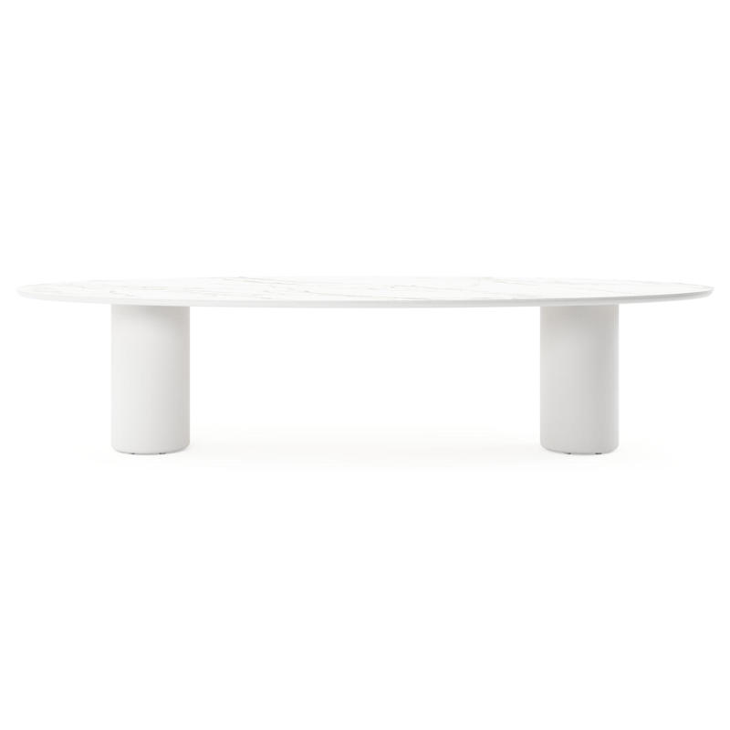 Table de jardin Amico oval en aluminium blanc et céramique pleine Calacatta - Lg. 320 x Lrg. 130 x Haut. 74 cm