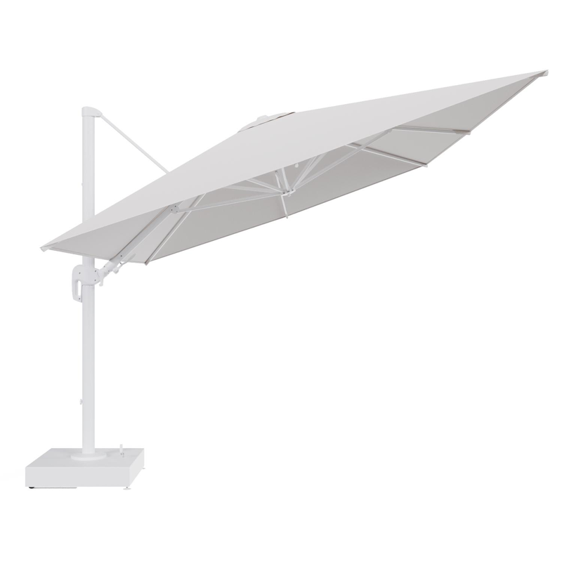 Rufina zweefparasol met tiltfunctie in wit aluminium en Ego Eggshell All Weather Solica parasoldoek - L1 400 x L2 300 cm met parasolvoet Minore 150 kg met wielen