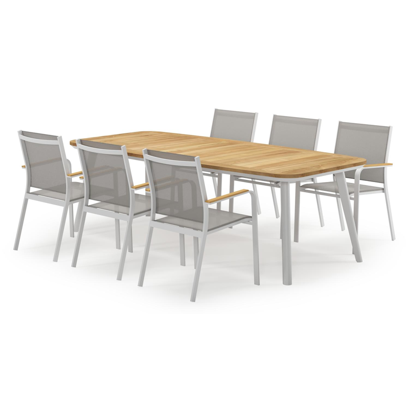 Mosa bootvormige tuinset in wit aluminium en teak natural finish met 6 Amalfi tuinstoelen