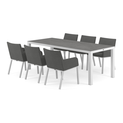 Ensemble de jardin Varese en aluminium blanc avec plateau de table en céramique pleine gris et 6 chaises de jardin Rivo