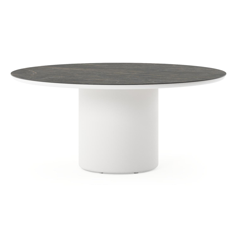 Amico low dining tuintafel rond in wit aluminium en volkeramiek Black Obsession - Dia. 148 x H 61 cm