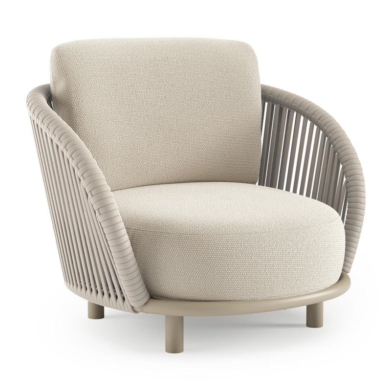 Fauteuil de jardin Lupino en aluminium beige et corde large plate de luxe tissée verticalement beige et coussins en all weather cosytica althea off white
