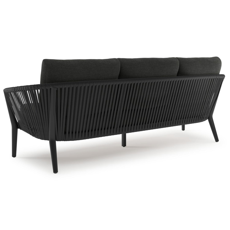 Canapé de jardin Orso en aluminium noir en corde ronde tissée verticalement noir et coussins en all weather sunbrella® luxe Chartres Sooty