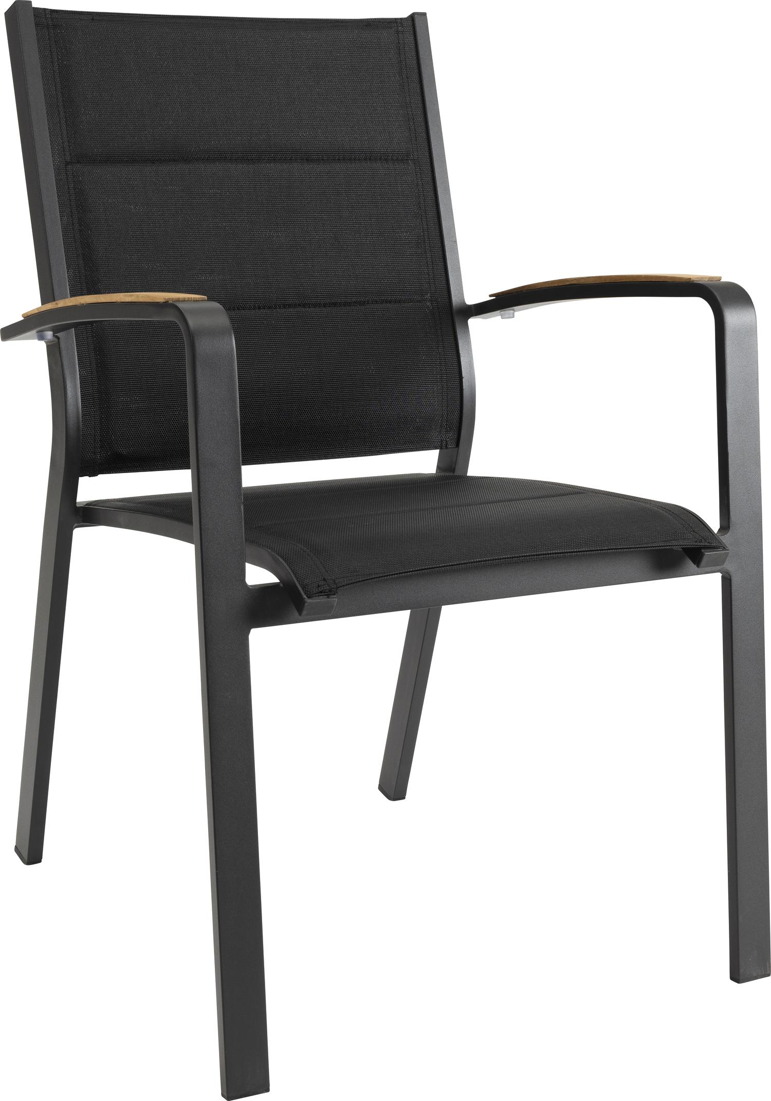 Lioni stapelbare tuinstoel in zwart aluminium en zwart comfort textilene en teak armleuning