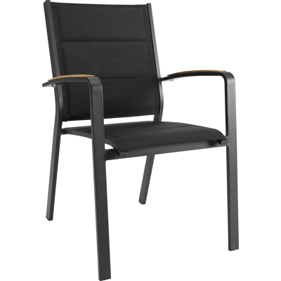 Lioni stapelbare tuinstoel in zwart aluminium en zwart comfort textilene en teak armleuning