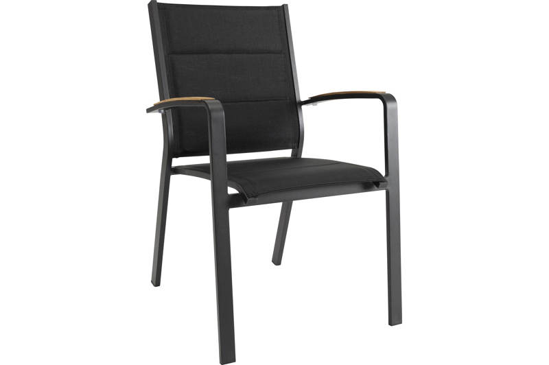 Lioni stapelbare tuinstoel in zwart aluminium en zwart comfort textilene en teak armleuning