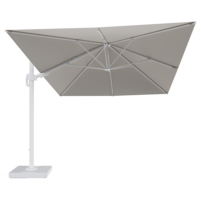 Rufina zweefparasol tiltfunctie in wit aluminium en parasoldoek in All Weather Sunbrella® Luxe Lopi Marble - L1 400 x L2 300 cm met parasolvoet Lapido 160 kg