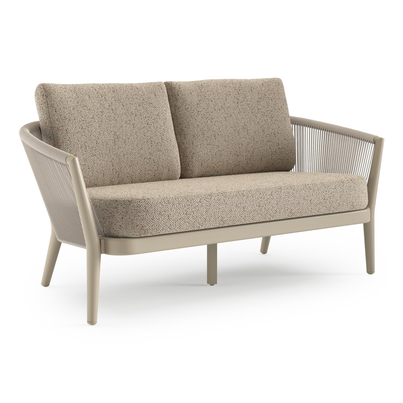 Orso loungebank in beige aluminium en beige verticaal geweven ronde rope met Bora Jungle all weather cosytica kussen