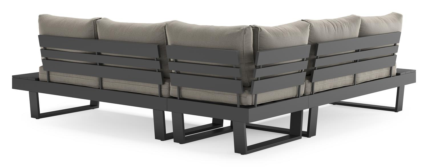 Salon de jardin d'angle Alora en aluminium noir avec coussins en weather+ softtouch gris