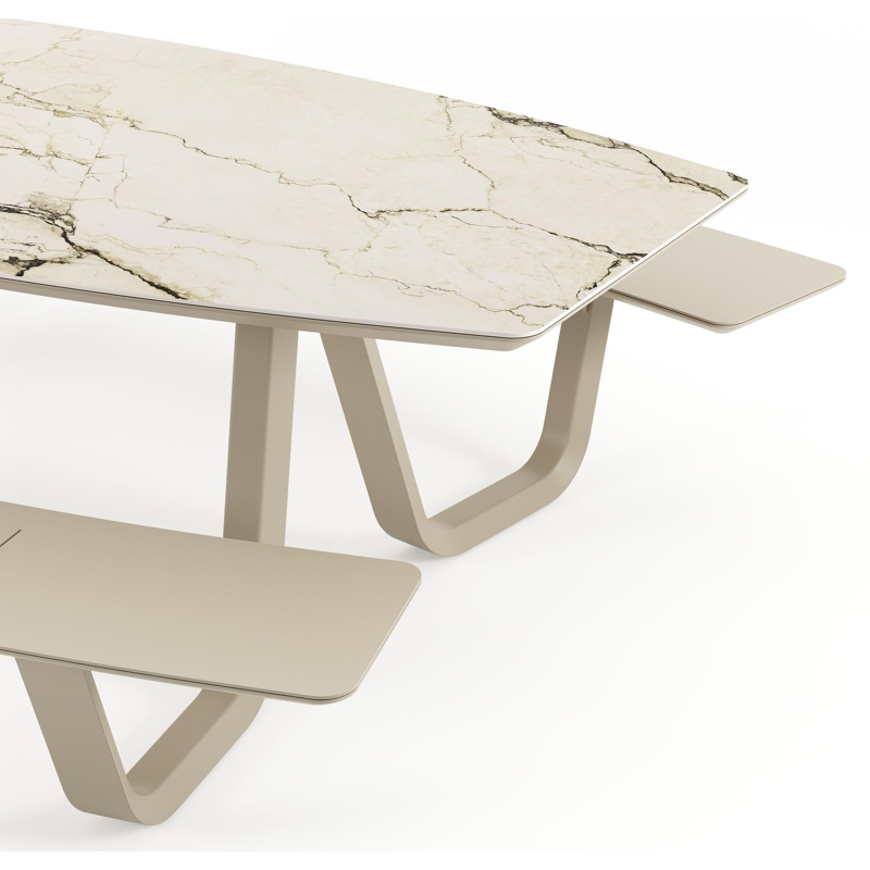 Table de pique-nique Forno forme de bateau en aluminium beige et céramique pleine colorado dunes - Lg. 240 x Lrg. 181 x Haut. 72 cm