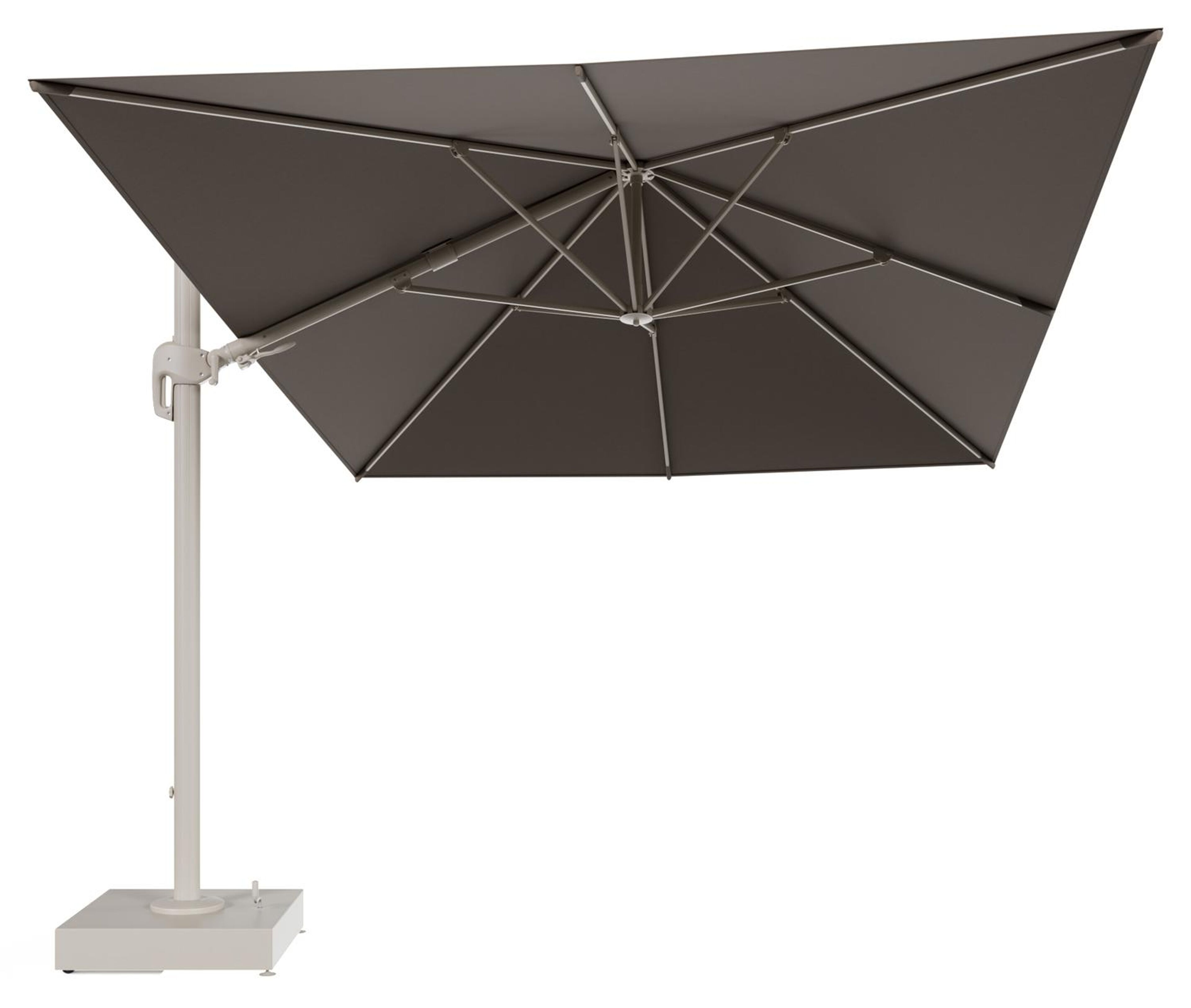 Rufina zweefparasol met tiltfunctie in beige aluminium en Natte Heather Grey All Weather Sunbrella® Luxe parasoldoek - L1 400 x L2 300 cm met parasolvoet Minore 150 kg met wielen