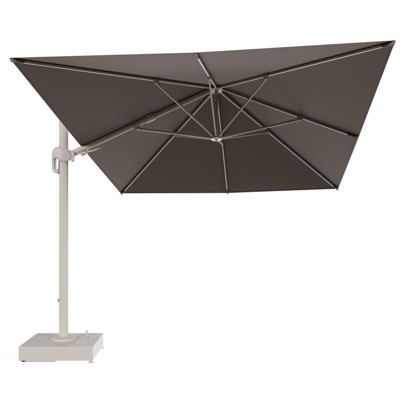 Rufina zweefparasol met tiltfunctie in beige aluminium en Natte Heather Grey All Weather Sunbrella® Luxe parasoldoek - L1 400 x L2 300 cm met parasolvoet Minore 150 kg met wielen