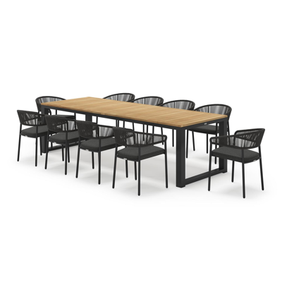 Livo rechthoekige tuinset in zwart aluminium en teak natural finish met 10 Zamora tuinstoelen