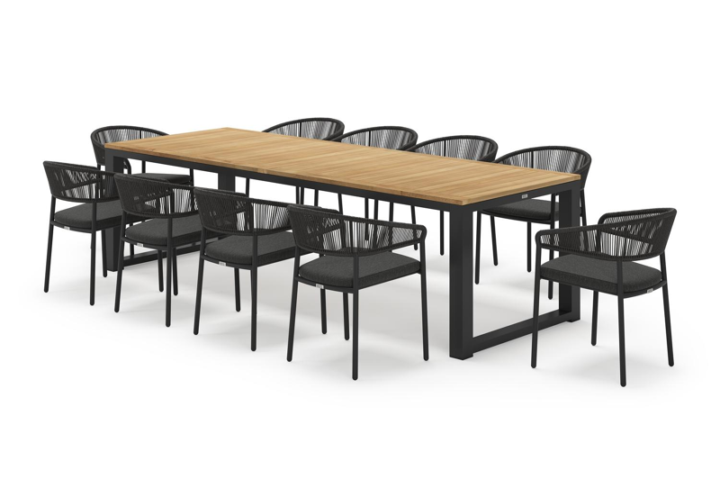 Livo rechthoekige tuinset in zwart aluminium en teak natural finish met 10 Zamora tuinstoelen