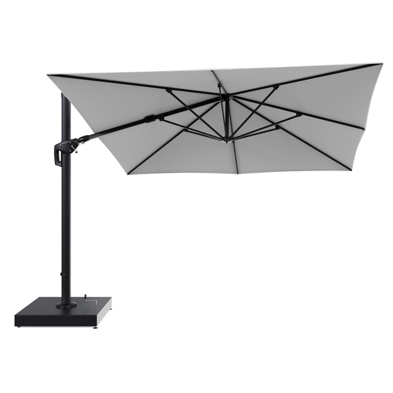 Minore zweefparasol met tiltfunctie in zwart aluminium en Ego Birch All Weather Solica parasoldoek - L1 350 x L2: 350 cm met parasolvoet Minore 260 kg met wielen