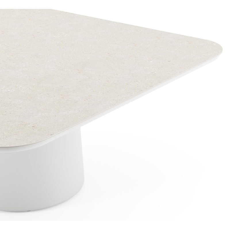 Amico low dining tuintafel afgerond vierkant in wit aluminium en volkeramiek Shilin - L 148 x B 148 x H 61 cm