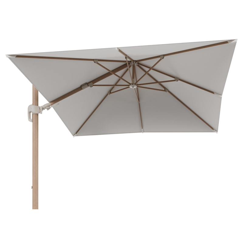 Rufina zweefparasol tiltfunctie in houtlook aluminium en parasoldoek in All Weather Sunbrella® Luxe Savane White - L1 300 x L2 300 cm (zonder voet)