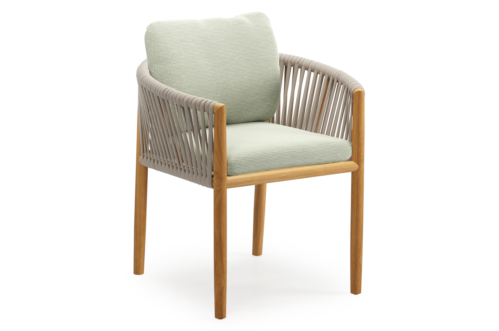 Organo tuinstoel in teak en beige verticaal geweven luxe vlakke rope met zitkussen in All Weather Sunbrella® Luxe Slow Spirea